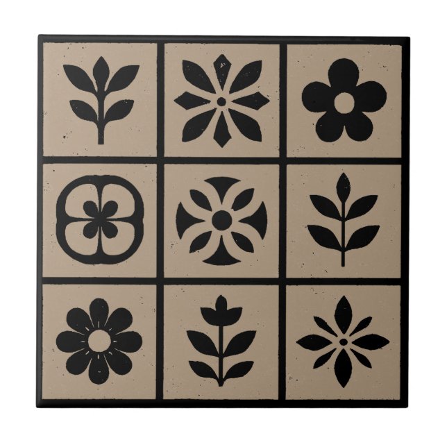 Azulejo Cerâmico Floral Boho Retro | Marrom Aconch (Frente)