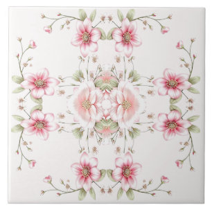 Azulejo Cerâmico Floral Branco Rosa Elegante