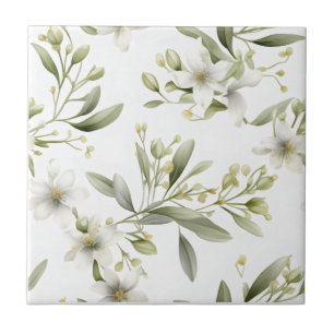 Azulejo Cerâmico Floral Branco Verde Salvia