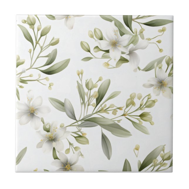 Azulejo Cerâmico Floral Branco Verde Salvia (Frente)