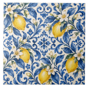 Azulejo Cerâmico Floral de Limão Mediterrâneo e Az