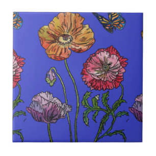 Azulejo Cerâmico Floral de Papoula Azul Laranja em