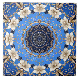 Azulejo Cerâmico Floral Dourado Azul