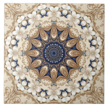 Azulejo Cerâmico Floral Dourado Azul