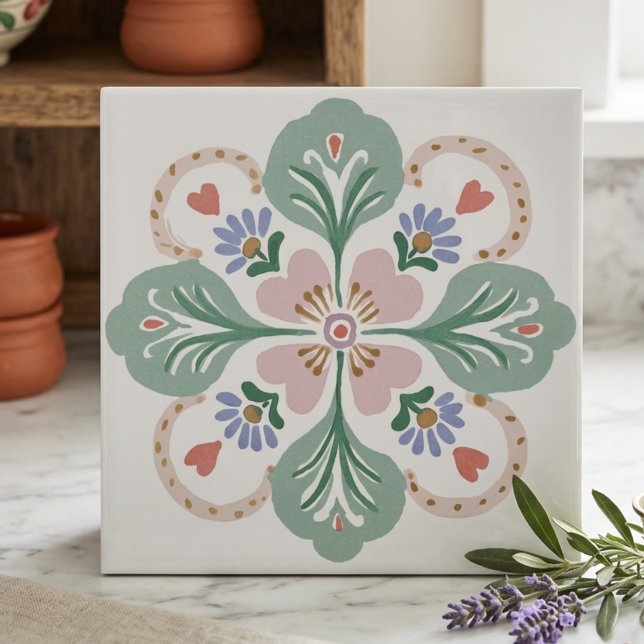 Azulejo Cerâmico Floral Pastel Rosa e Verde (Pastel Pink and Green Folk Art Floral Ceramic Tile)