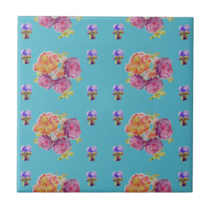 Azulejo Cerâmico Floral Rosa Azul Turquesa Violeta