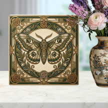 Azulejo Cerâmico Floral Verde Dourado Art Nouveau 