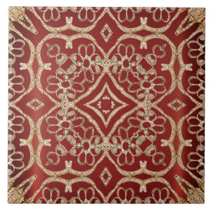 Azulejo Cerâmico Floral Vermelho Dourado Moderno