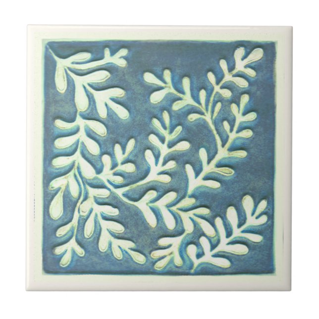 Azulejo cerâmico, folhas azuis e brancas (Frente)