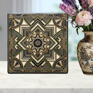 Azulejo Cerâmico Geométrico Art Déco Dourado Verde