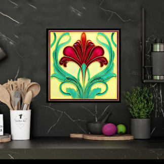 Azulejo cerâmico Graceful Red Flower Art Deco