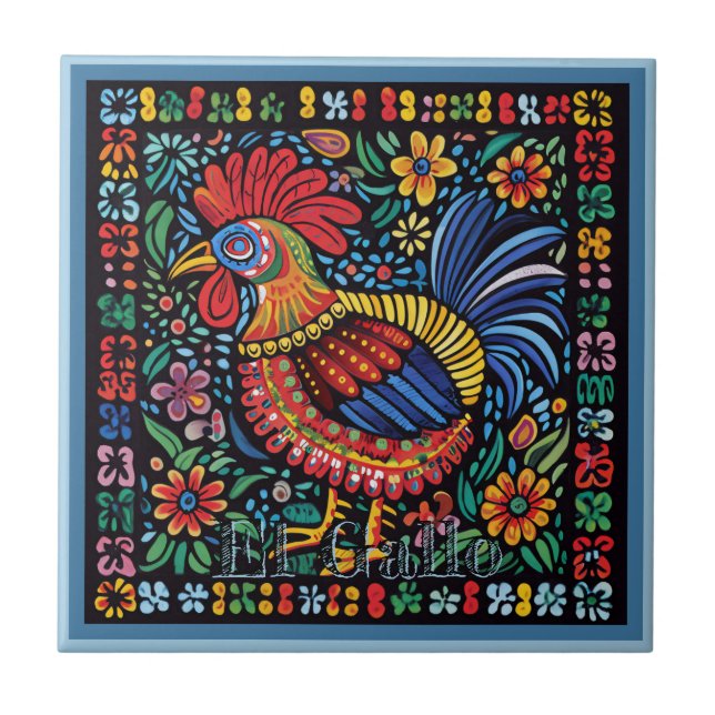 Azulejo Cerâmico Huichol Loteria: Azulejo El Gallo (Frente)