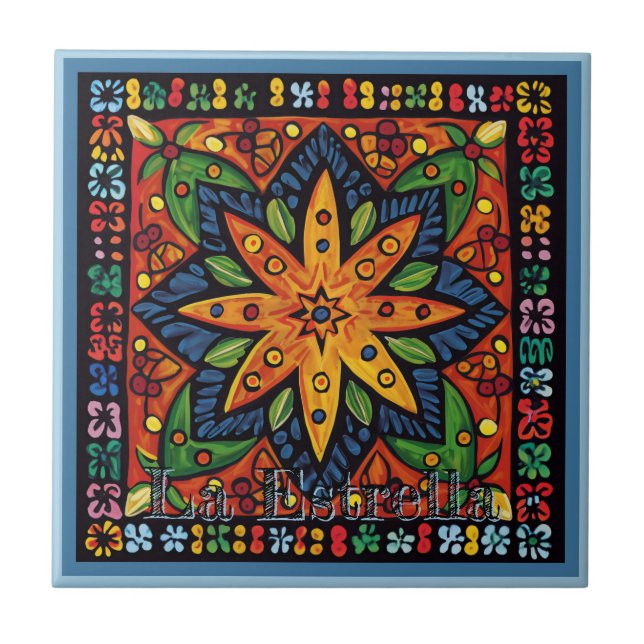 Azulejo Cerâmico Huichol Loteria: Azulejo La Estre (Frente)
