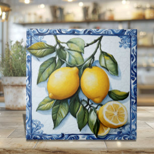 Azulejo Cerâmico Limão com Borda Azul Clássica