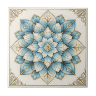 Azulejo Cerâmico Mandala Floral Dourado Azul Elega