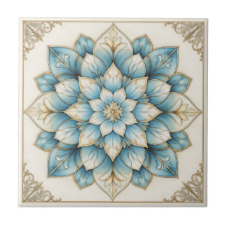 Azulejo Cerâmico Mandala Floral Dourado Azul Elega