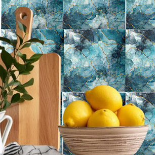 Azulejo cerâmico mármore brilhante azul e dourado