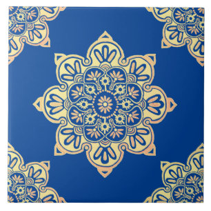 Azulejo cerâmico, medalhão amarelo em azul profund