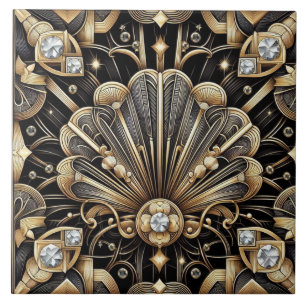 Azulejo Cerâmico Preto e Dourado de Luxo Art Déco