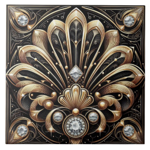 Azulejo Cerâmico Preto e Dourado de Luxo Art Déco
