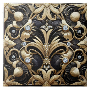 Azulejo Cerâmico Preto e Dourado de Luxo Art Déco