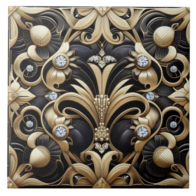 Azulejo Cerâmico Preto e Dourado de Luxo Art Déco (Frente)