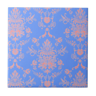 Azulejo cerâmico rosa e azul Damasco