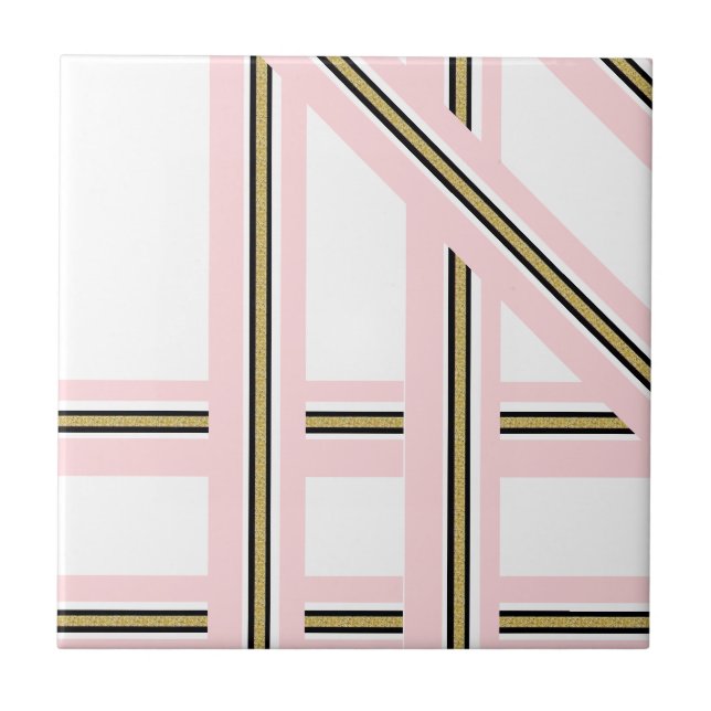 Azulejo Cerâmico Rosa e Branco com Listra Dourada  (Frente)