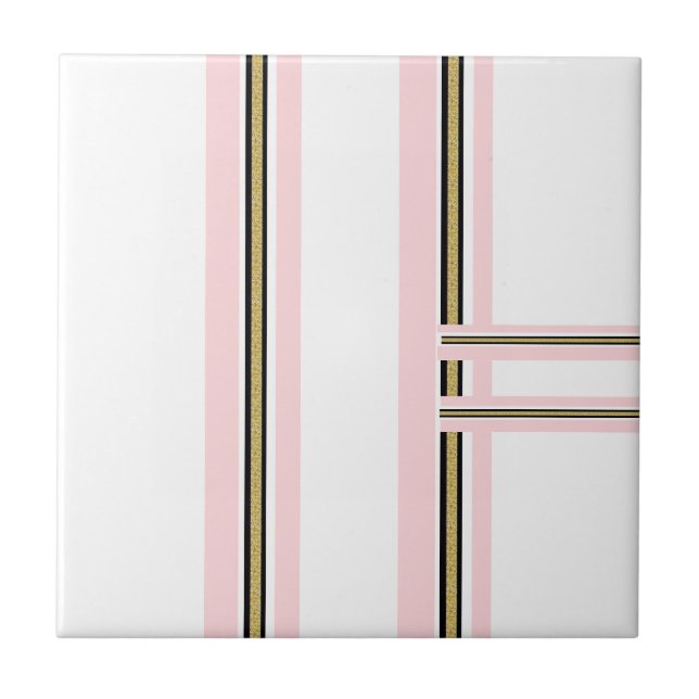 Azulejo Cerâmico Rosa e Branco com Listra Dourada  (Frente)