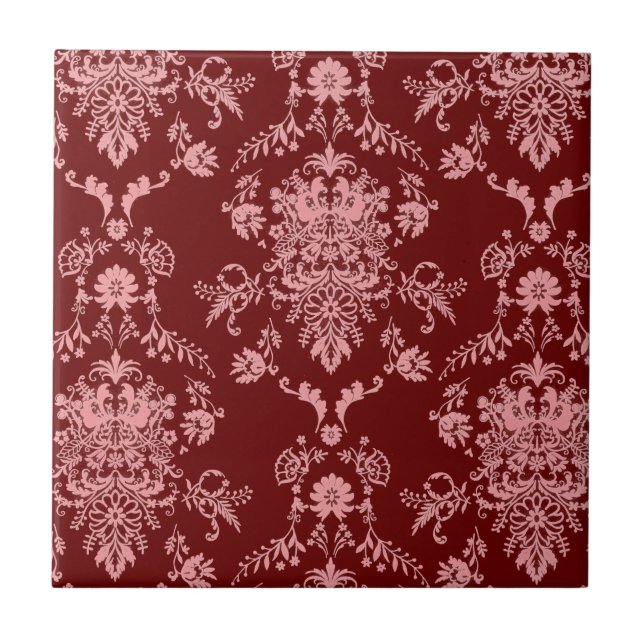 Azulejo cerâmico Rosa e Maroon Damask (Frente)