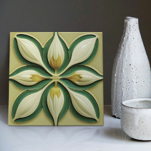 Azulejo Cerâmico Simétrico de Tulipas Verdes Branc