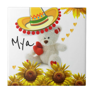 Azulejo Cerâmico Urso de Pelúcia Girassol Branco