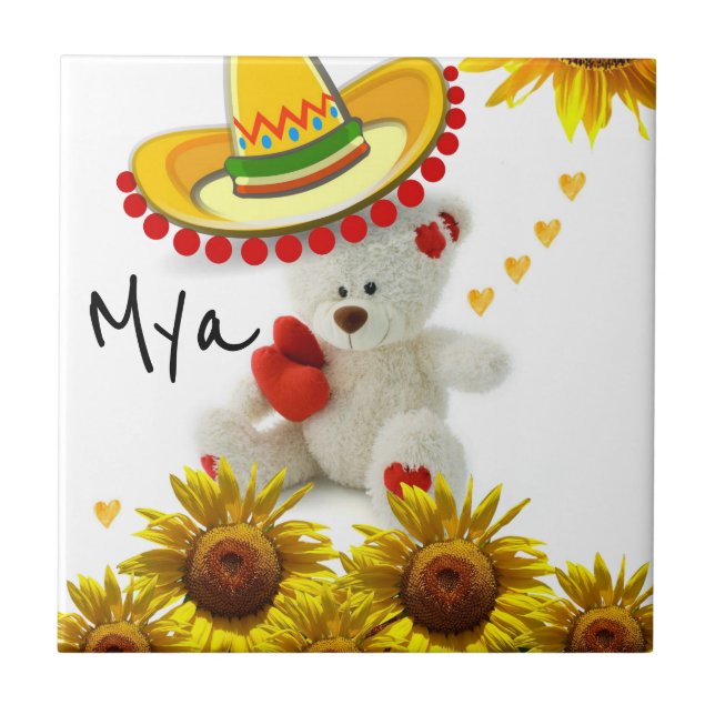 Azulejo Cerâmico Urso de Pelúcia Girassol Branco (Frente)
