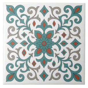 Azulejo Cerâmico Vermelho e Turquesa com Motivo Ma