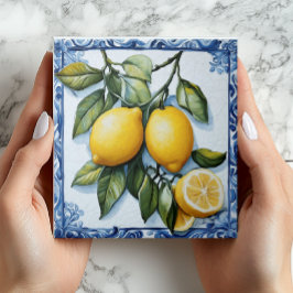 Azulejo Cerâmico Vintage com Borda de Limão e Azul