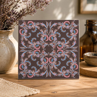 Azulejo Cerâmico Vintage Paisley Scroll em Azul Po