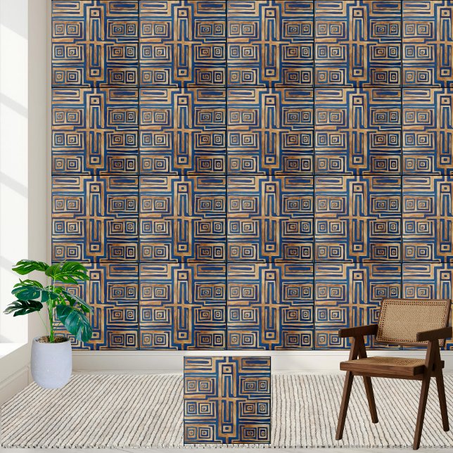 Azulejo-chave Grego Antigo Geométrico Azul e Doura (Blue and Gold Geometric Ancient Greek Key Tile)