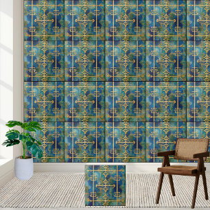 Azulejo-chave grego luxuoso em Teal e Dourado