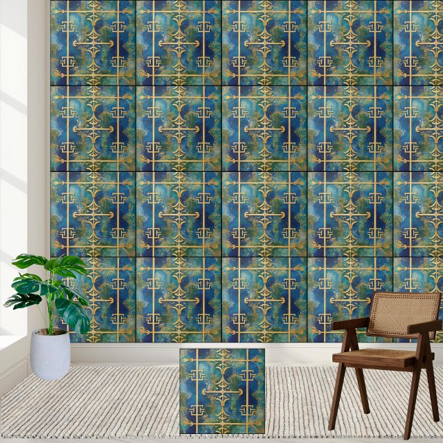 Azulejo-chave grego luxuoso em Teal e Dourado (Luxurious Greek Key Tile in Teal and Gold)
