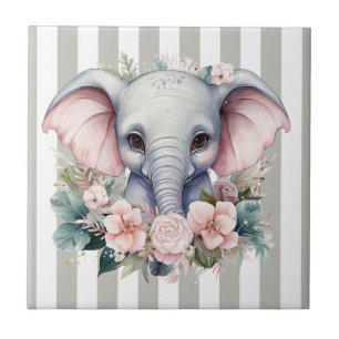 Azulejo Cinza e Listra Branca Elefante Floral