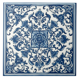Azulejo Clássico Azul e Branco, Floral, Arte Chine