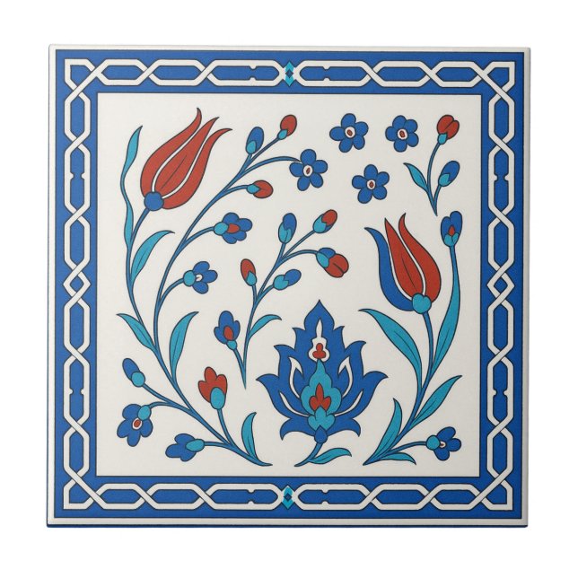 Azulejo Clássico de Cerâmica Floral Iznik em Azul  (Frente)