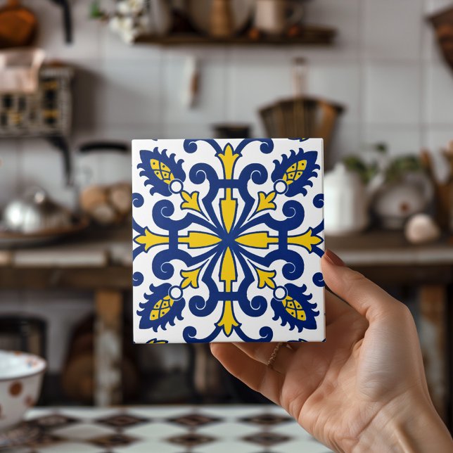 Azulejo Clássico Decorativo Azul Amarelo (Portuguese Azulejo Classic Decorative Blue Yellow Ceramic Tile)