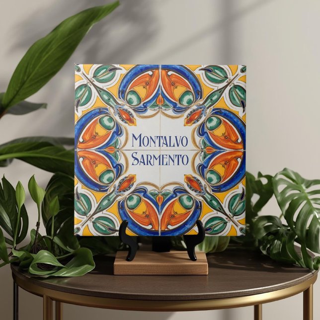 Azulejo Colorful Custom Name Plate Plaque Sign  (Azulejo Mediterranean Blue & White Custom House Name Or Family Name Plaque Sign Square Ceramic Tile)