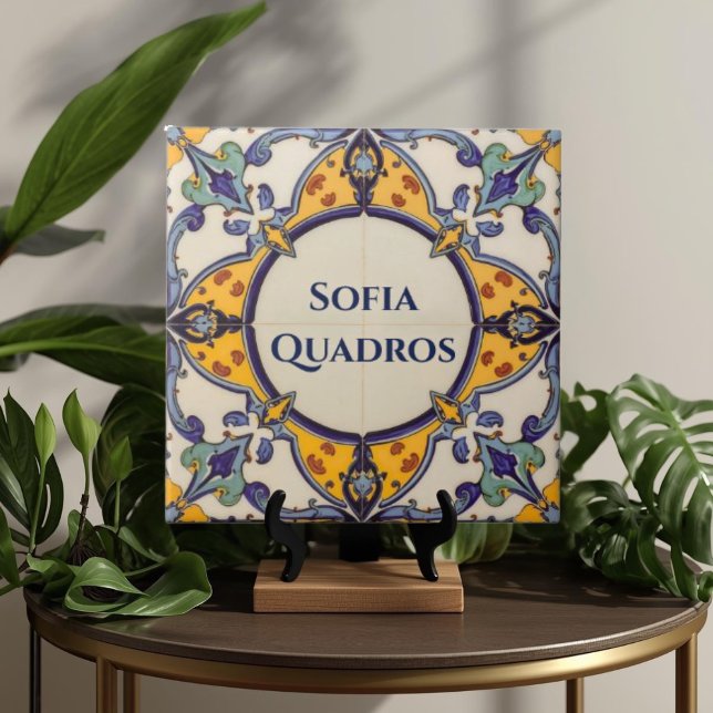 Azulejo Colorful Custom Name Plate Plaque Sign (Azulejo Mediterranean Blue & White Custom House Name Or Family Name Plaque Sign Square Ceramic Tile)