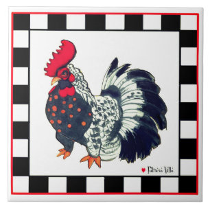 Azulejo com arte de galo em xadrez preto e branco