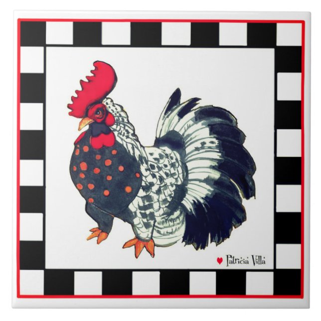 Azulejo com arte de galo em xadrez preto e branco (Frente)
