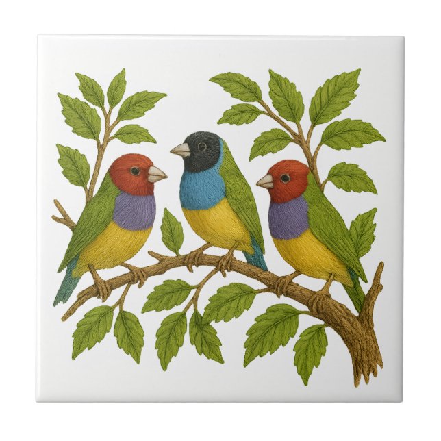 Azulejo com bordado de aves tropicais (Frente)