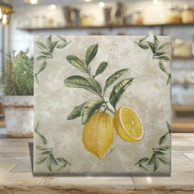 Azulejo com Limões Antigos (Rustic Vintage Italian Lemons Ceramic Tile)