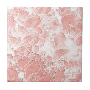 Azulejo com Padrão Floral Rosa, Bege e Branco